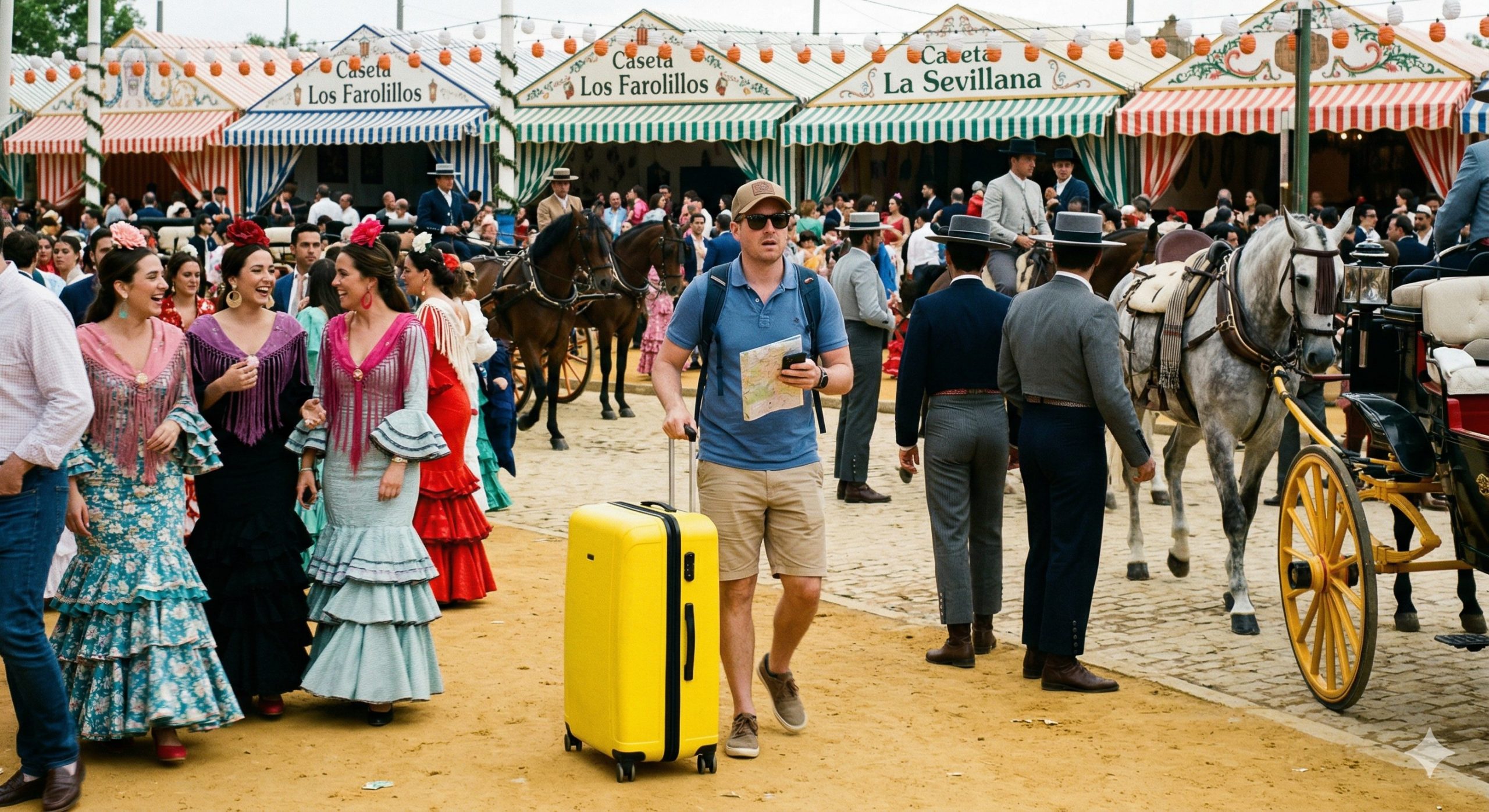 Foto turista en la feria de abril con una maleta amarilla